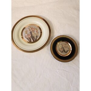 The Art Of Chokin 24‎ Kt Gold Edge Plate Set Of 2 Butterflies And Flowers EUC